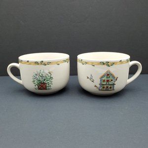 Thomson Pottery Birdhouse Soup Mugs Oversized Coffee Mugs Birds Flowers Leaves